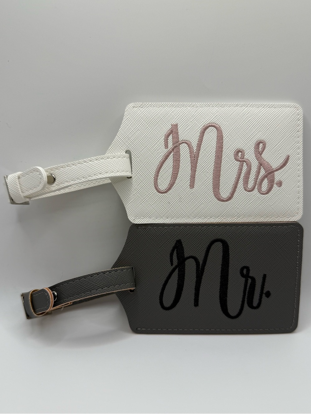 Mr. & Mrs. Luggage Tags - White & Gray with Pink and Black Embroidered Letters